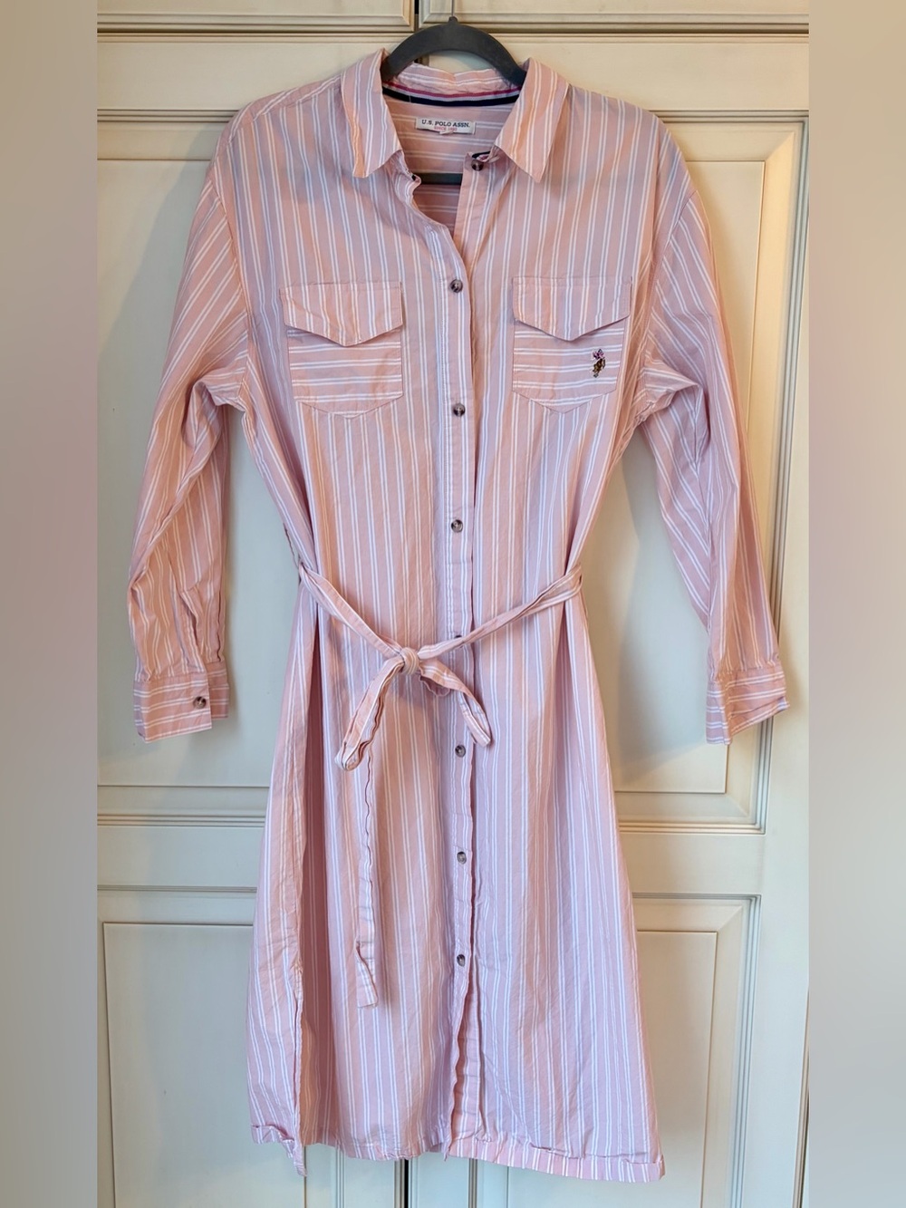 U.S. Polo Assn. Pink & White Striped Button-Front Shirt Dress. Cotton M/L